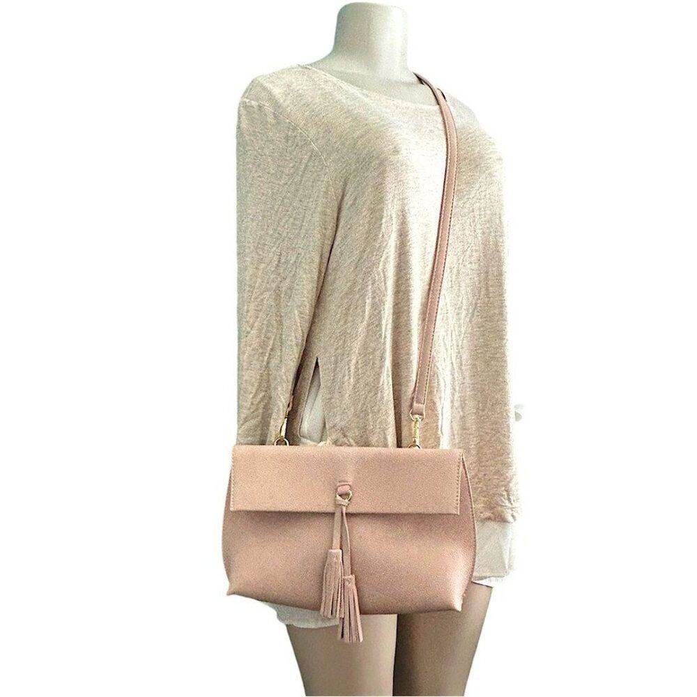 Anthropologie Suede Tassel Flat Envelope Clutch with Crossbody Strap Blush Pink